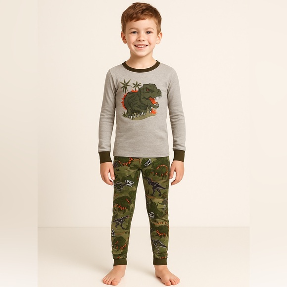 The Children’s Place Boys Dinosaur Pajama Set Size 12 Gray Top Camo Dino Pants - Picture 1 of 16